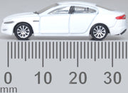 Oxford Diecast NXF005 Jaguar XF in Polaris White, 1:148 N scale — side view with manufacturer's millimeter size reference.
