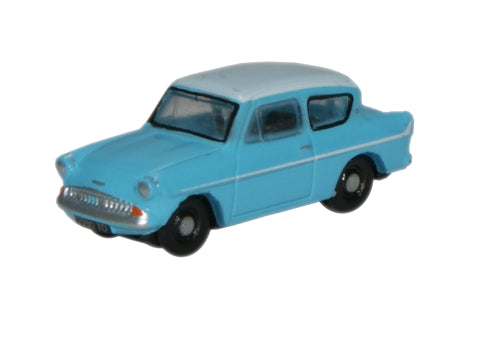 Oxford Diecast N105007 Ford Anglia in Caribbean Turquoise and White, 1:148 scale model, front three-quarter view.