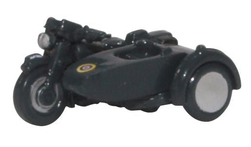 Oxford Diecast NBSA008 RAF Blue motorcycle and sidecar, 1:148 scale model, front three-quarter view.