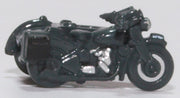 Oxford Diecast NBSA008 RAF Blue motorcycle and sidecar, 1:148 scale model, motorcycle side view.
