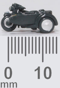 Oxford Diecast NBSA008 RAF Blue motorcycle and sidecar, 1:148 scale model, side view with millimetre scale.