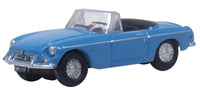 Oxford Diecast NMGB004 MGB Roadster in Iris Blue, 1:148 scale model, front three-quarter view.