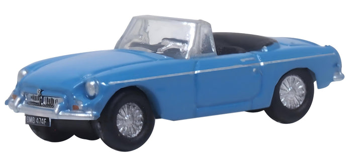 Oxford Diecast NMGB004 MGB Roadster in Iris Blue, 1:148 scale model, front three-quarter view.