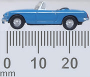 Oxford Diecast NMGB004 MGB Roadster in Iris Blue, 1:148 scale model, side view with millimetre scale.