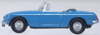 Oxford Diecast NMGB004 MGB Roadster in Iris Blue, 1:148 scale model, left side view.