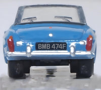 Oxford Diecast NMGB004 MGB Roadster in Iris Blue, 1:148 scale model, rear view.