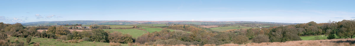 PECO SK-P04 Countryside photographic backscene showing fields, hedgerows, trees and distant hills beneath a blue sky.