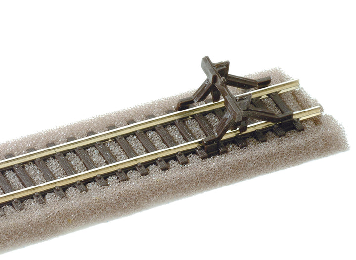PECO SL-340 assembled N scale buffer stop clipped onto track