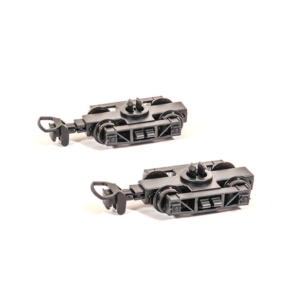 PECO GR-106 OO-9 narrow-gauge wagon bogies with wheels and couplings, pair.