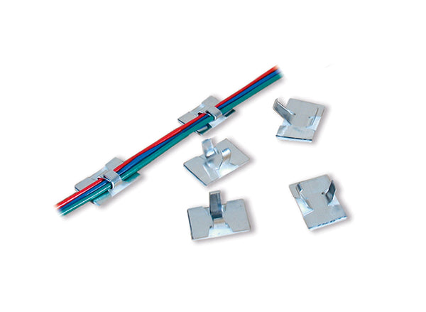 PECO PL-37 self-adhesive cable clips, close-up and application example; wire is not included.