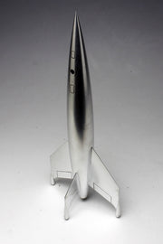 Pegasus 9111 Luna Rocketship, angled view of the finished model and three fins