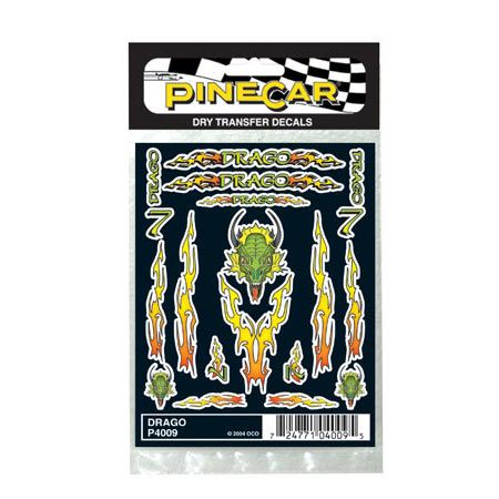 PineCar P4009 Drago dragon and flame dry-transfer sheet in retail packaging