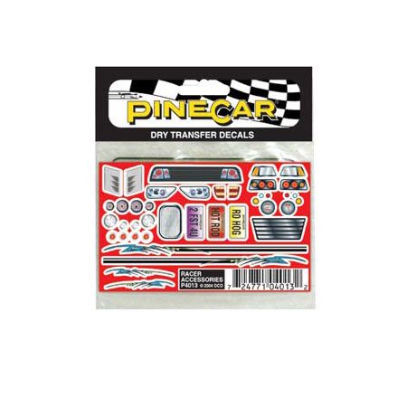 PineCar P4013 Racer Accessories transfer sheet with lights, gauges and license plates in retail package