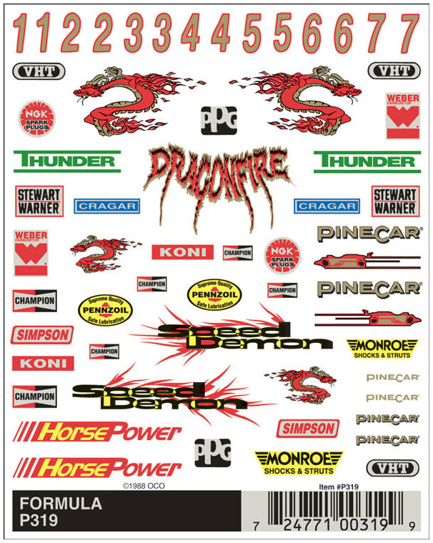 PineCar Formula Dry Transfer Decals – 4 x 5 in Sheet – P319– product image