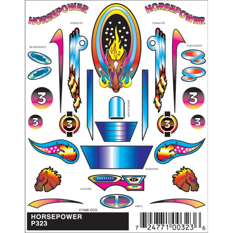 PineCar P323 Horsepower stick-on decals