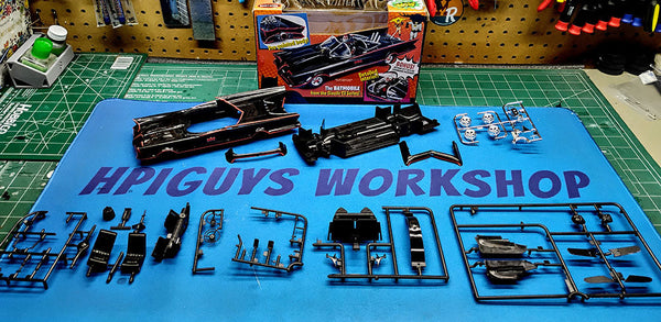 Polar Lights POL1007 Batmobile kit parts laid out before assembly, photographed by HPI Guys Workshop