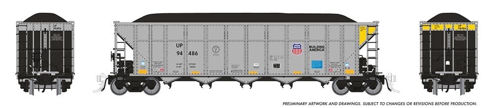 Rapido 169063A HO Union Pacific AutoFlood III coal hopper, preliminary artwork showing UP 94486