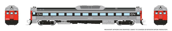 Rapido 516006 N scale Canadian National noodle scheme Budd RDC-1 Phase 2 railcar, manufacturer artwork showing side and end views