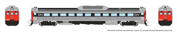 Rapido 516006 N scale Canadian National noodle scheme Budd RDC-1 Phase 2 railcar, manufacturer artwork showing side and end views