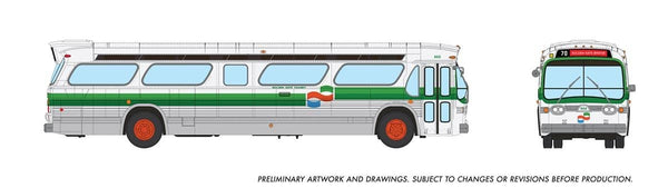 Rapido 753112 HO Golden Gate Transit New Look bus 866, preliminary manufacturer artwork showing side and front