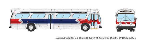 Rapido 753164 HO Philadelphia SEPTA New Look bus 4328, preliminary manufacturer artwork showing side and front