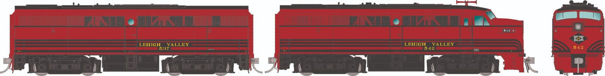 Rapido 37551 HO Lehigh Valley ALCo FA-1 542 and FB-1 537 pair, manufacturer side and front artwork