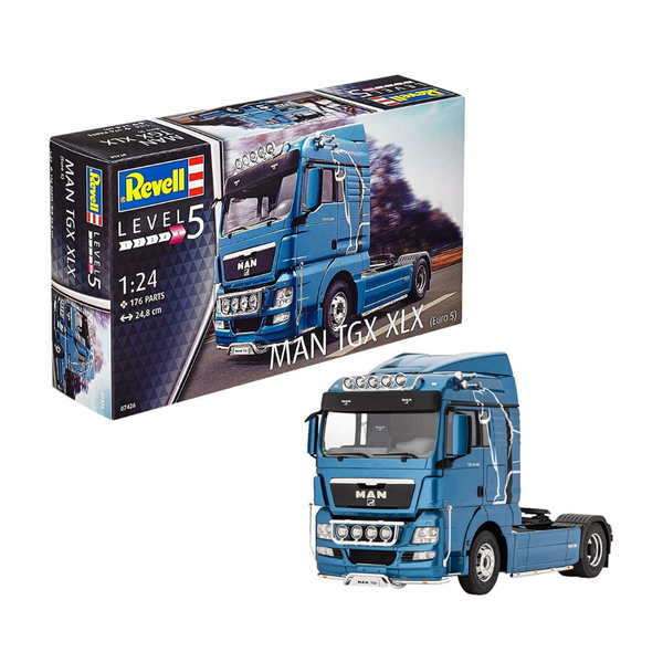Revell 07426 MAN TGX XLX 1:24 model kit box and assembled truck example