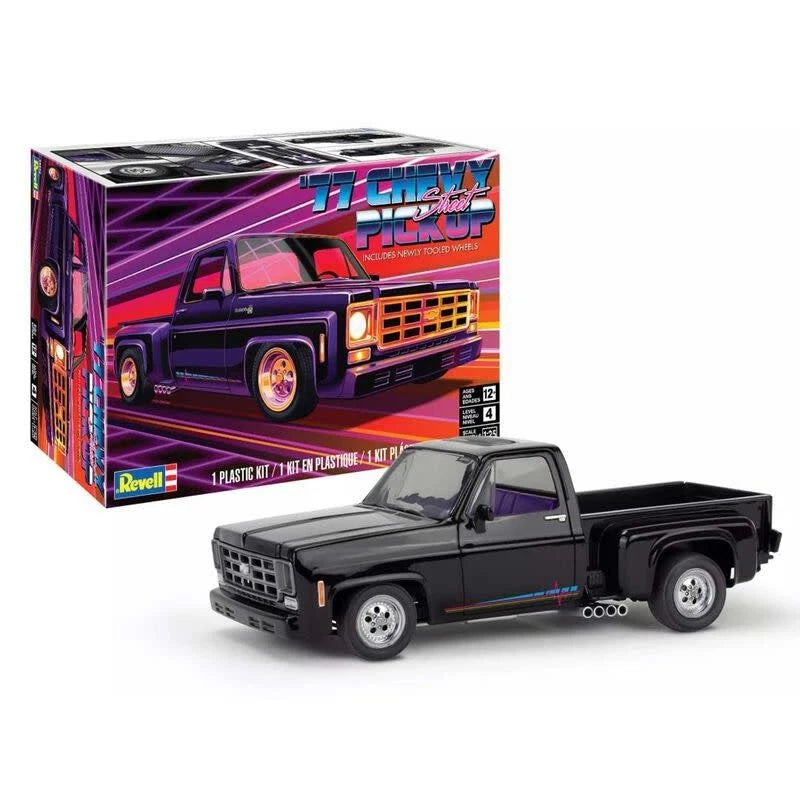 Revell RMX14552 1/25 1977 Chevy Street Pickup model kit box and completed truck