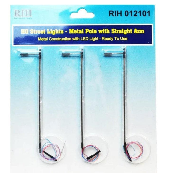Rock Island Hobby 012101 HO street lights metal pole with straight arm 3 pack