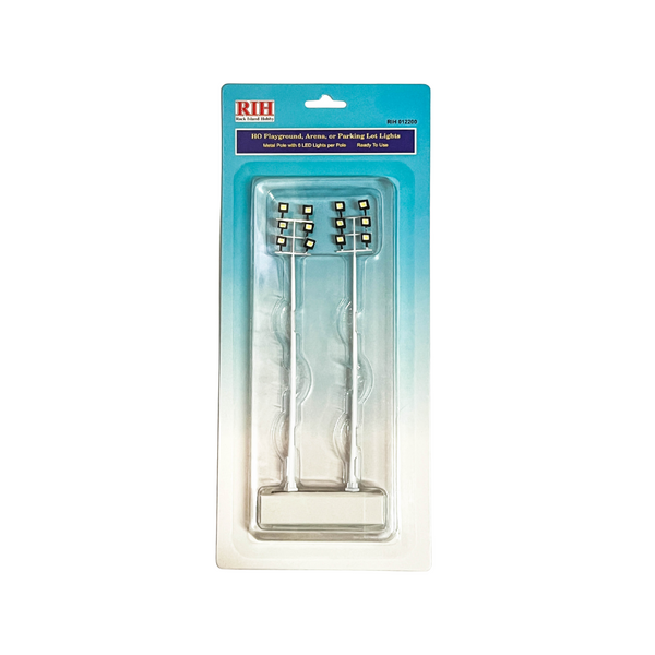 Rock Island Hobby 012200 HO scale playground and arena lights, retail pack containing two poles with six LEDs per pole.