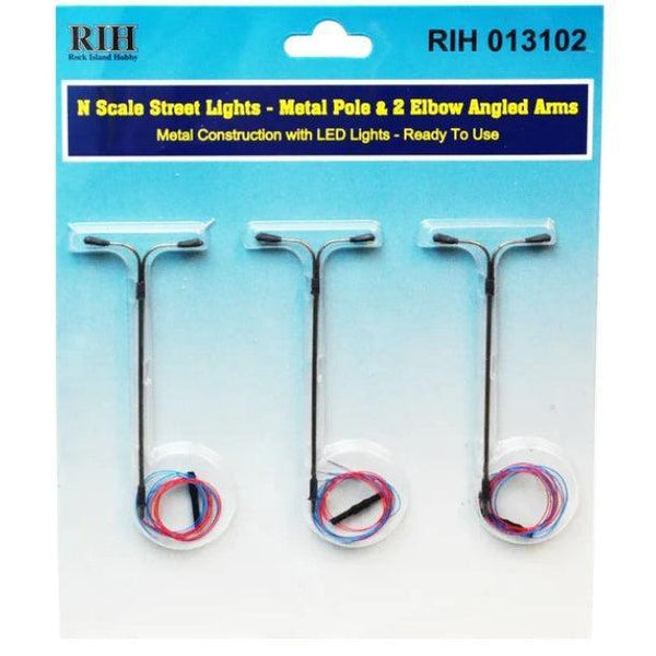 Rock Island Hobby 013102 N scale streetlights with metal poles and two elbow-angled arms, three-piece retail pack.