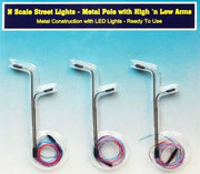 Rock Island Hobby 013103 N scale streetlights with metal poles and high and low arms, three-piece pack.