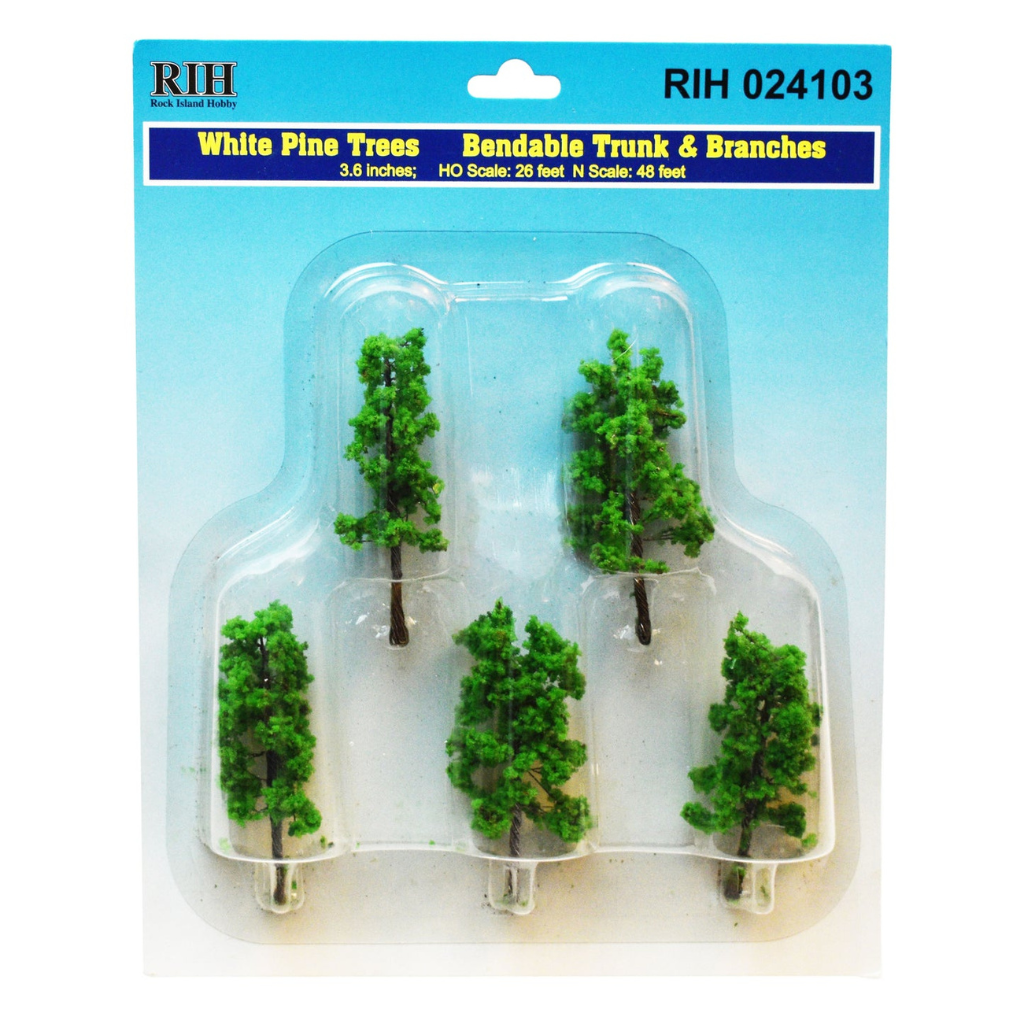Rock Island Hobby 024103 white pine model trees, five-piece pack, retail packaging.