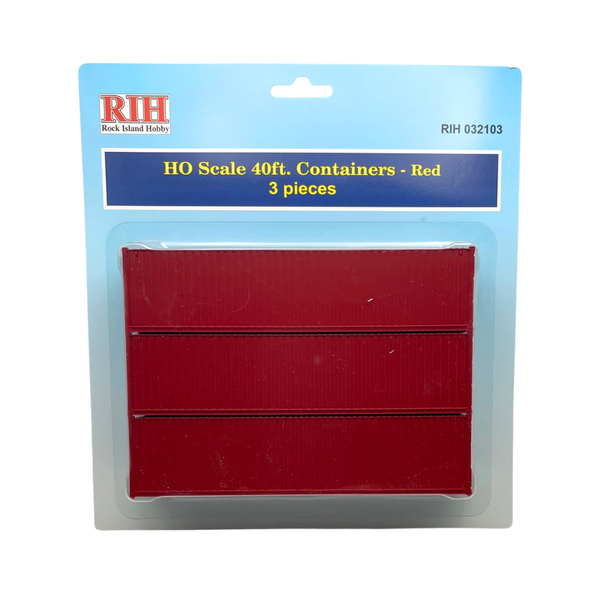 Rock Island Hobby 032103 HO scale red 40-foot containers, three-piece retail pack.