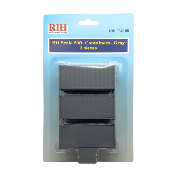 Rock Island Hobby 032108 HO scale gray 20-foot containers, three-piece retail pack.
