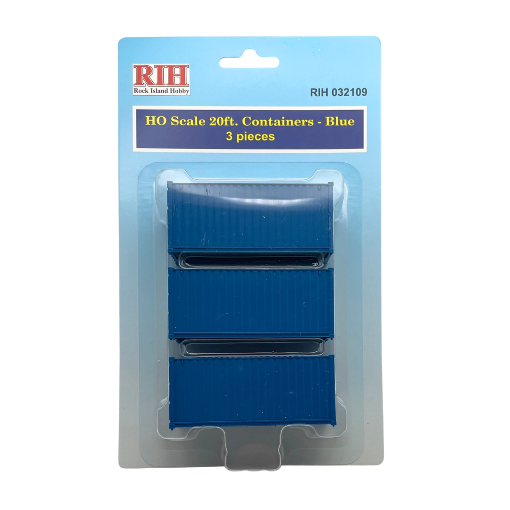 Rock Island Hobby 032109 HO scale dark blue 20-foot containers, three-piece retail pack.