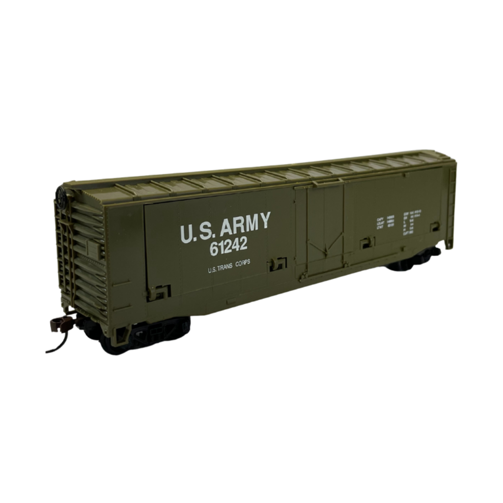 Rock Island Hobby 032162 HO scale U.S. Army 61242 Tank Buster car, with side panels closed.