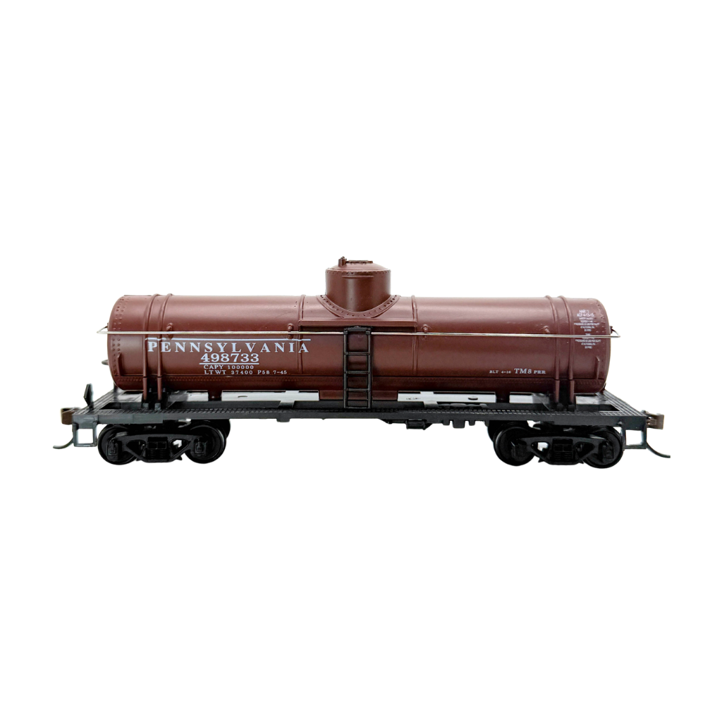 Rock Island Hobby 032203 HO scale Pennsylvania Railroad 498733 single-dome tank car, side view.