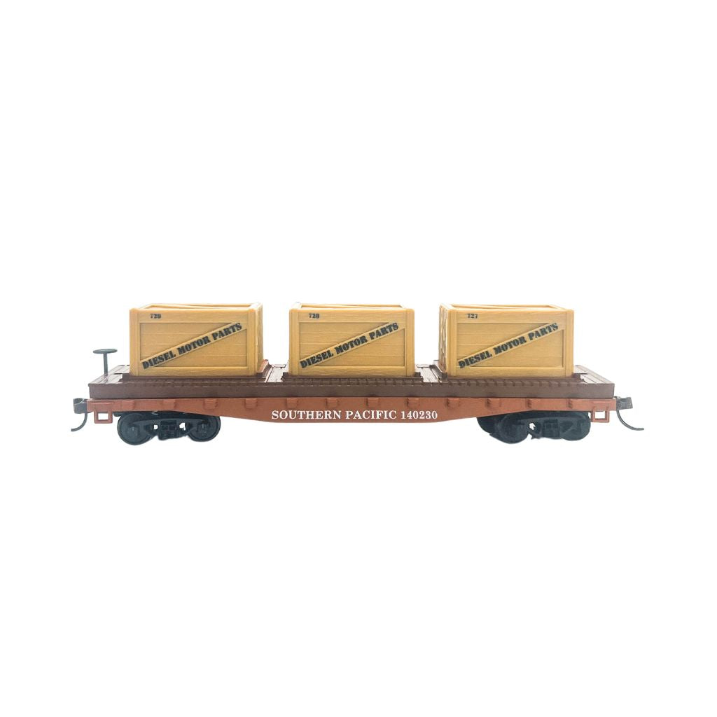 Rock Island Hobby 032212 HO scale Southern Pacific 140230 flat car with three crates, side view.