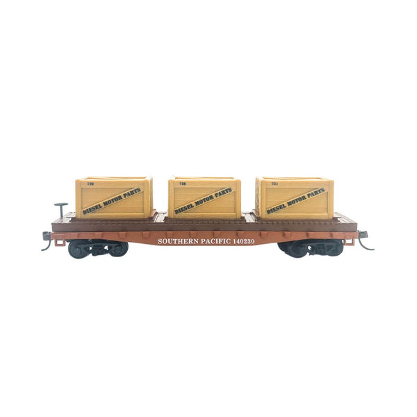 Rock Island Hobby 032212 HO scale Southern Pacific 140230 flat car with three crates, side view.