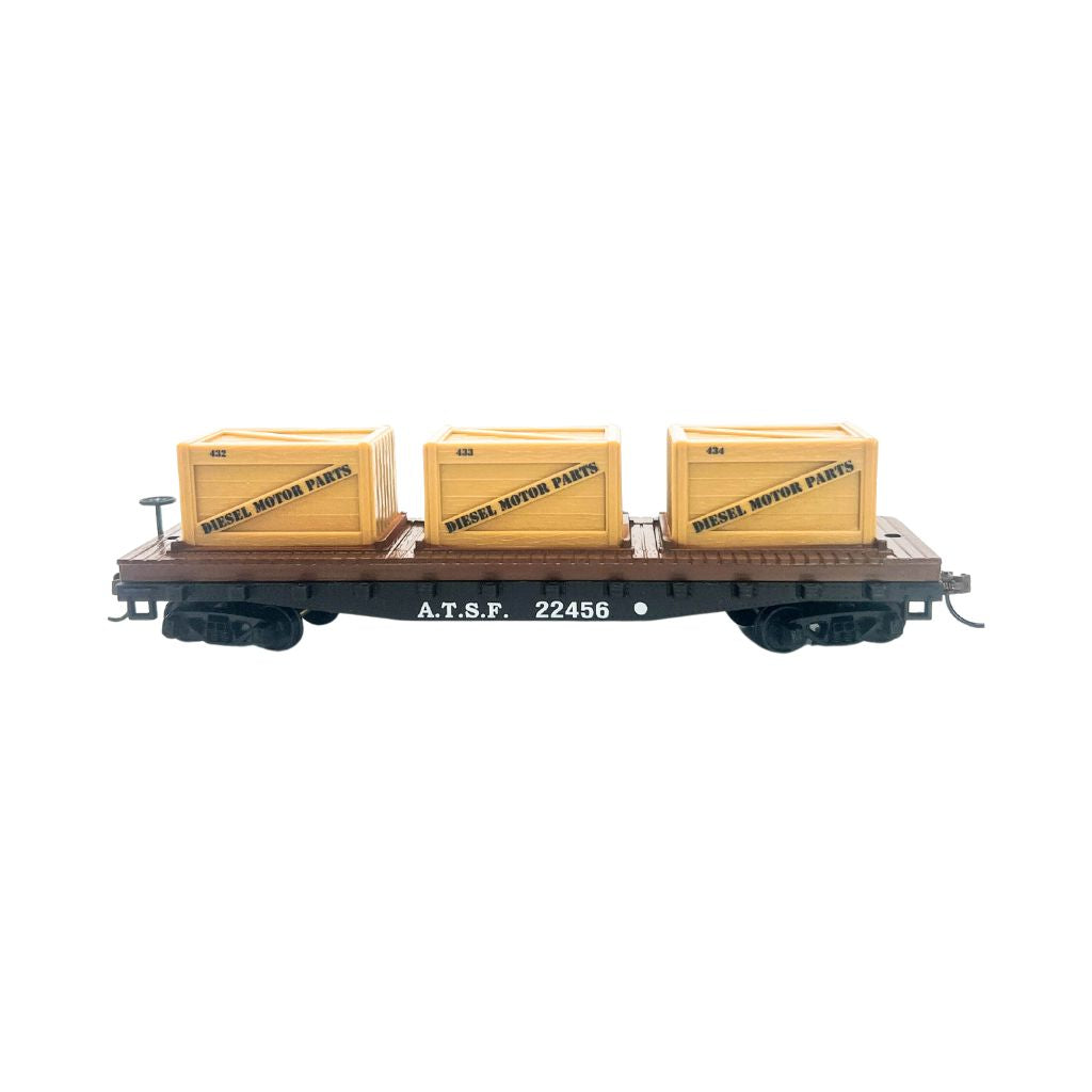 Rock Island Hobby 032213 HO scale Santa Fe ATSF 22456 flat car with three crates, side view.