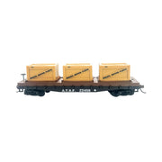 Rock Island Hobby 032213 HO scale Santa Fe ATSF 22456 flat car with three crates, side view.