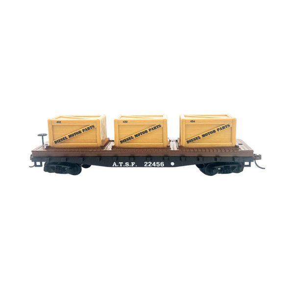 Rock Island Hobby 032213 HO scale Santa Fe ATSF 22456 flat car with three crates, side view.