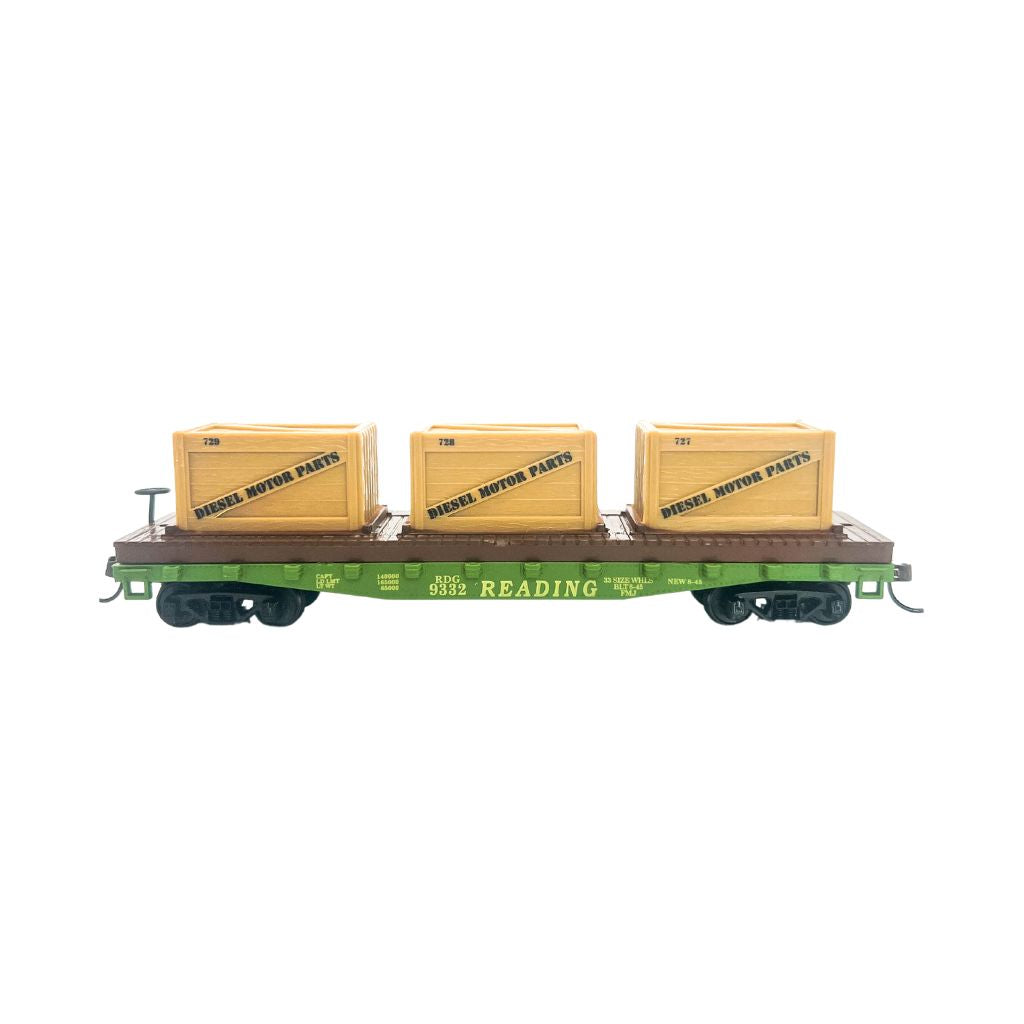 Rock Island Hobby 032214 HO scale Reading flat car with three crates, side view.