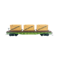 Rock Island Hobby 032214 HO scale Reading flat car with three crates, side view.