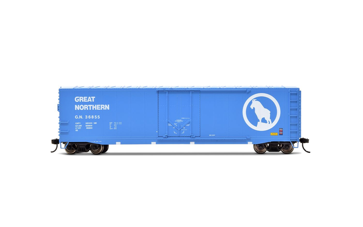 Rivarossi HR6634A HO Great Northern 36855 blue plug-door boxcar, side view