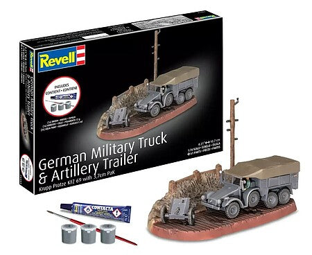Revell 73344 1:76 Starter Kit packaging and painted model example with included paints, brush and glue