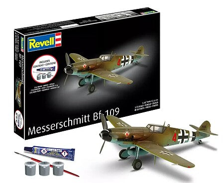 Revell 74160 1:72 Starter Kit packaging and painted model example with included paints, brush and glue