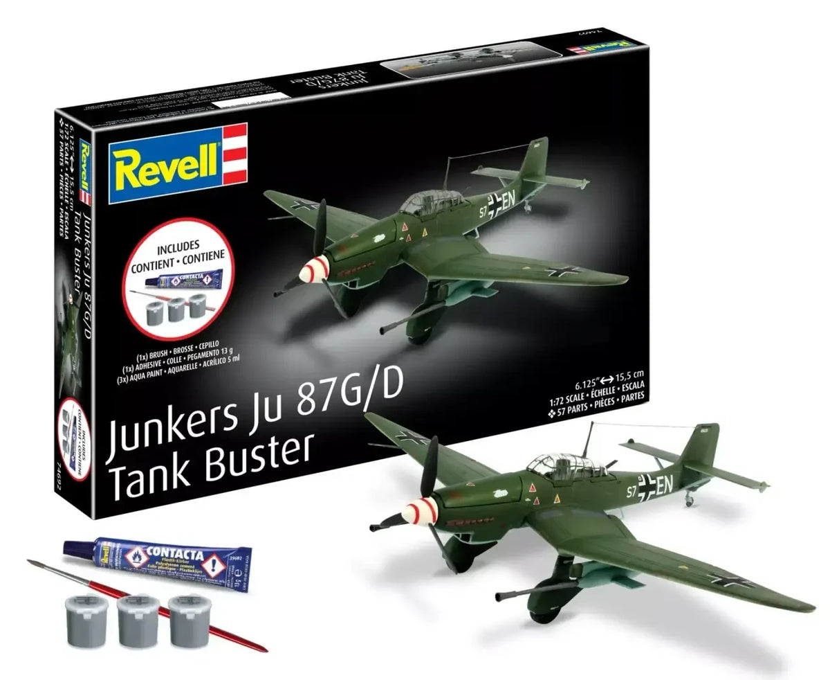 Revell74692 Junkers Ju87 G/D starter kit box, assembled example and included paints, glue and brush