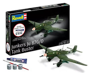Revell74692 Junkers Ju87 G/D starter kit box, assembled example and included paints, glue and brush